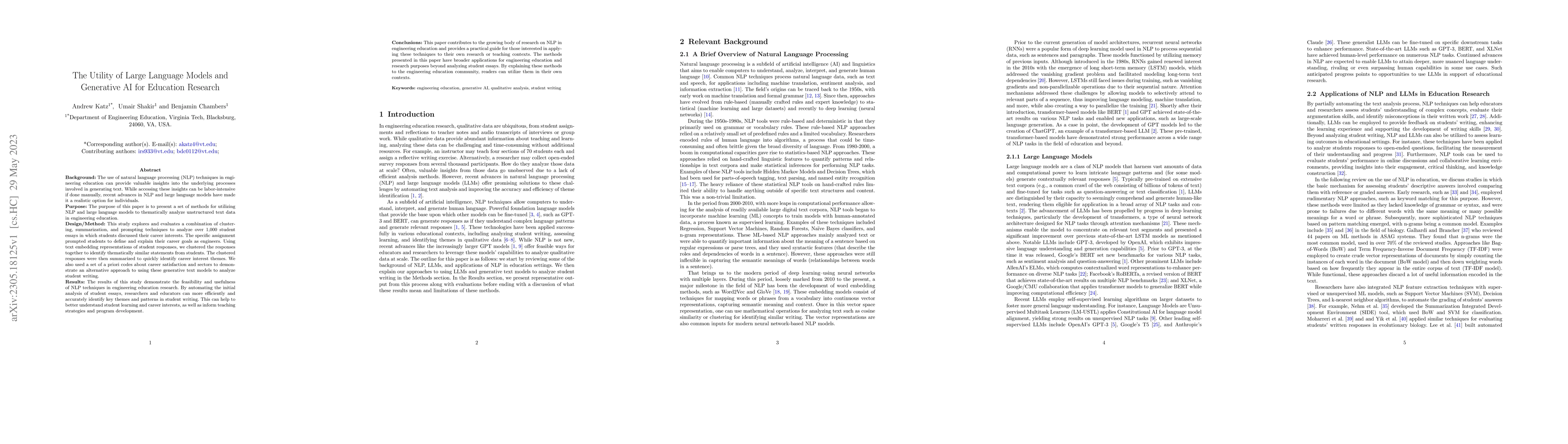 Thumbnail for The Utility of Large Language Models and Generative AI for Education
  Research