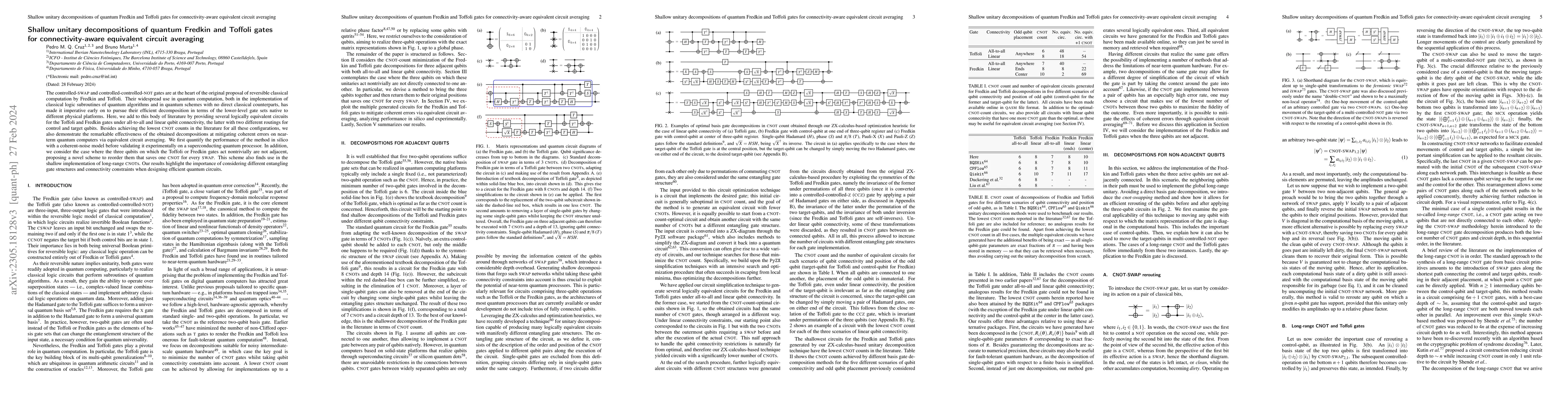 Thumbnail for Shallow unitary decompositions of quantum Fredkin and Toffoli gates for
  connectivity-aware equivalent circuit averaging