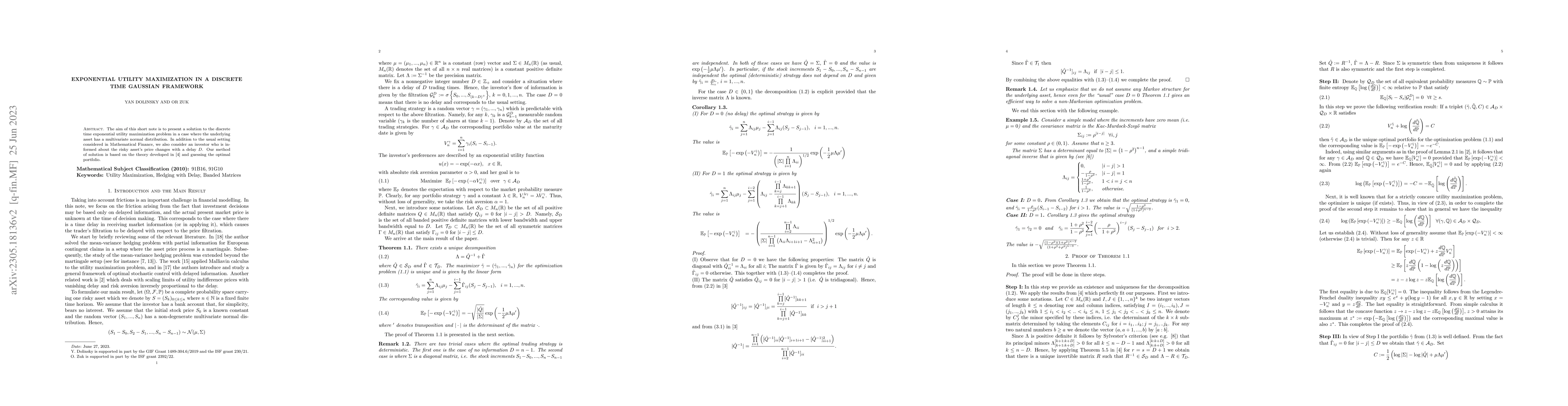 Thumbnail for Exponential Utility Maximization in a Discrete Time Gaussian Framework