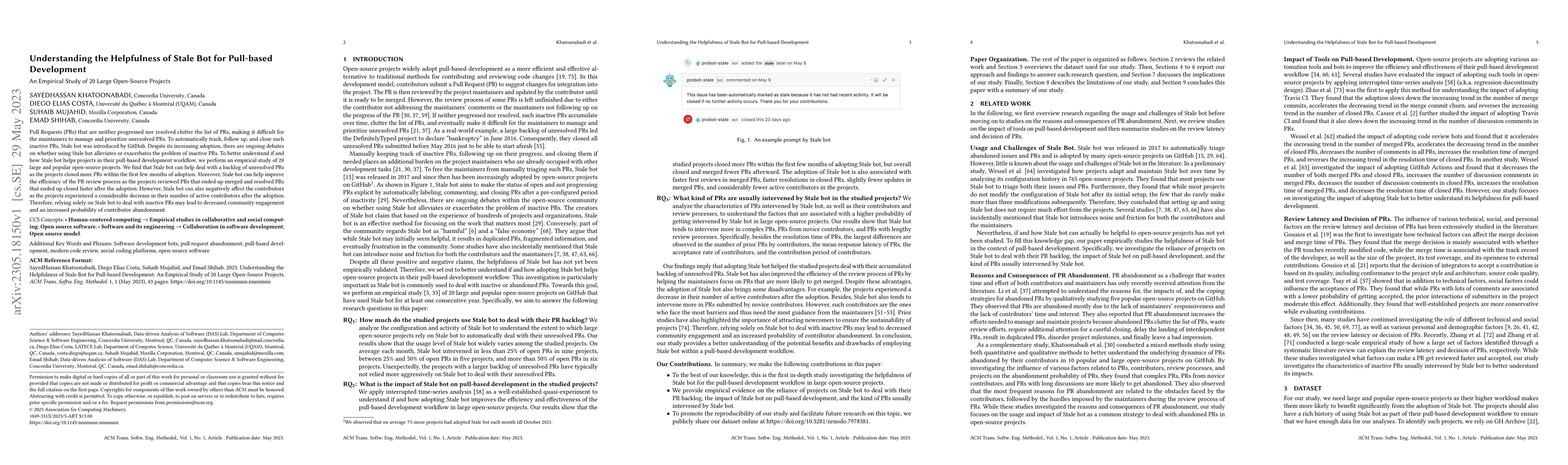 Thumbnail for Understanding the Helpfulness of Stale Bot for Pull-based Development:
  An Empirical Study of 20 Large Open-Source Projects