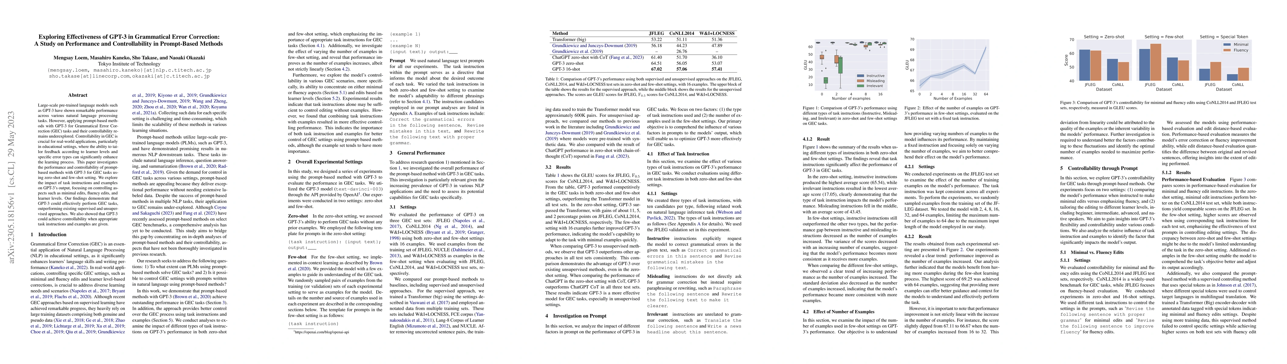 Thumbnail for Exploring Effectiveness of GPT-3 in Grammatical Error Correction: A
  Study on Performance and Controllability in Prompt-Based Methods