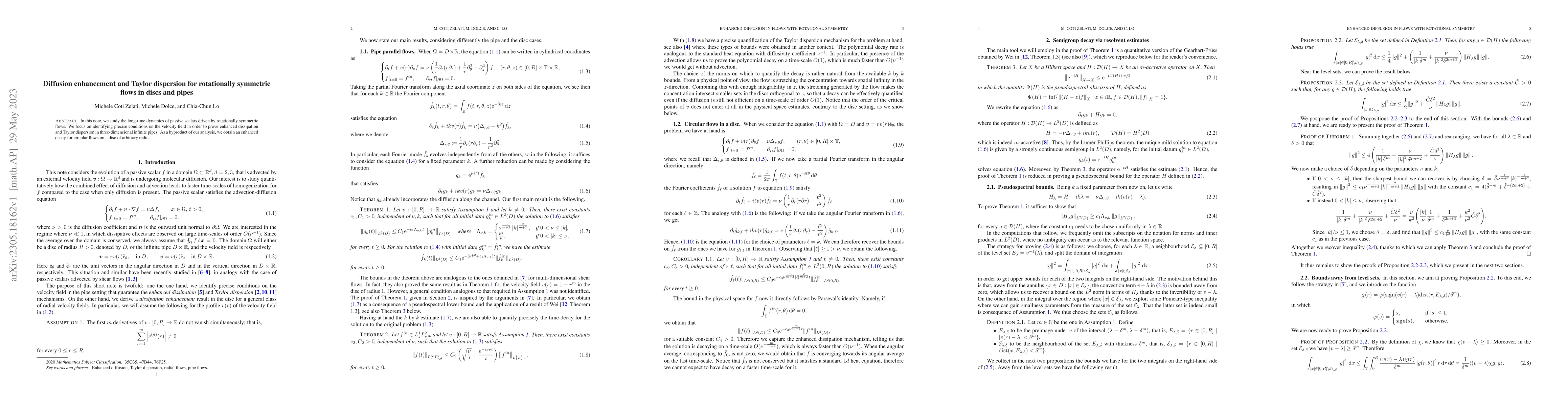 Thumbnail for Diffusion enhancement and Taylor dispersion for rotationally symmetric
  flows in discs and pipes
