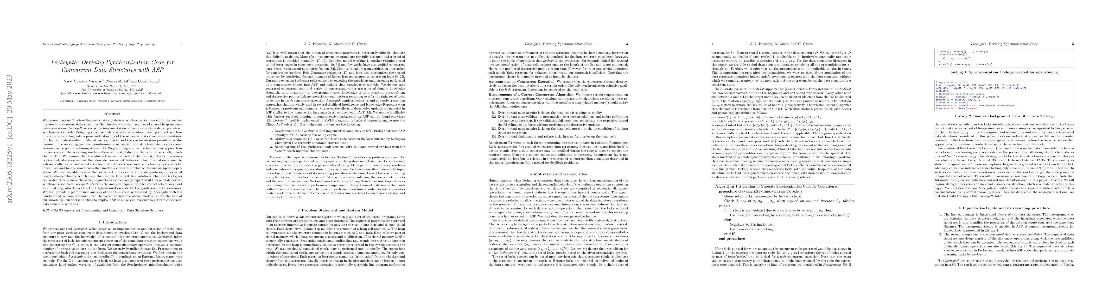 Thumbnail for Locksynth: Deriving Synchronization Code for Concurrent Data Structures
  with ASP