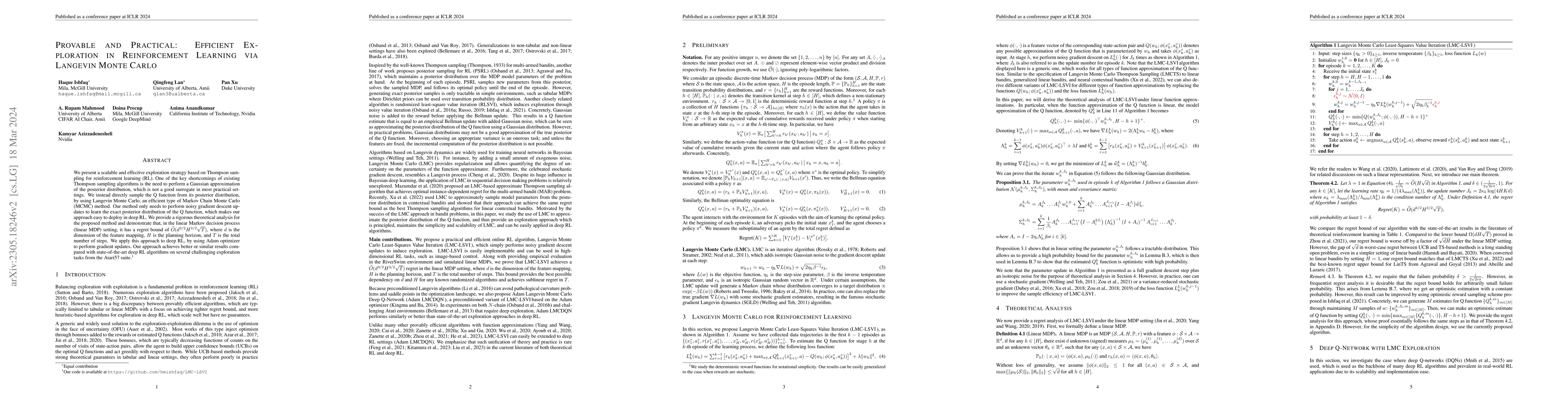 Thumbnail for Provable and Practical: Efficient Exploration in Reinforcement Learning
  via Langevin Monte Carlo