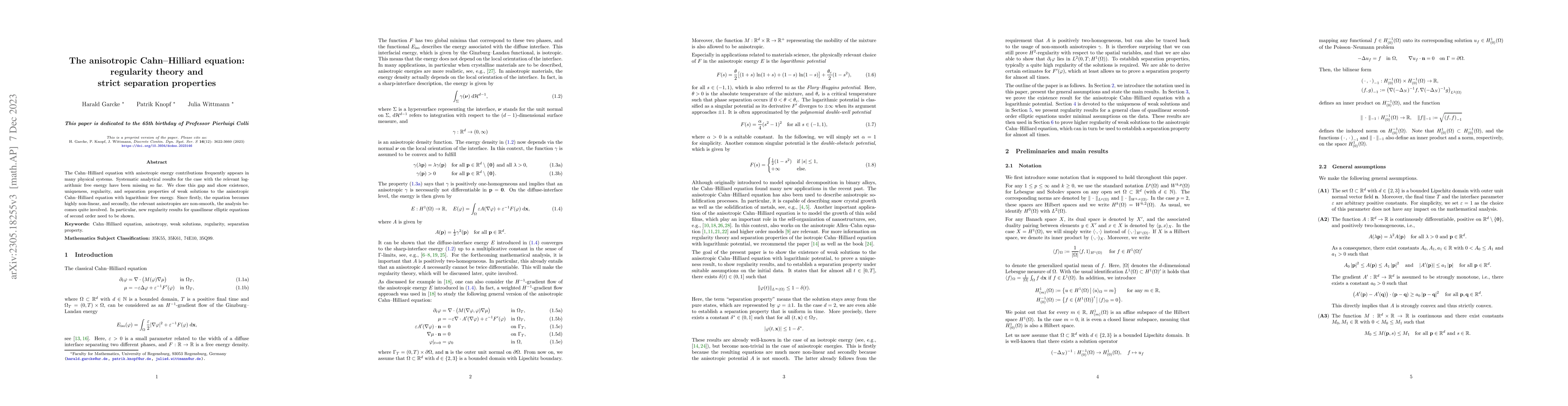 Thumbnail for The anisotropic Cahn--Hilliard equation: regularity theory and strict
  separation properties