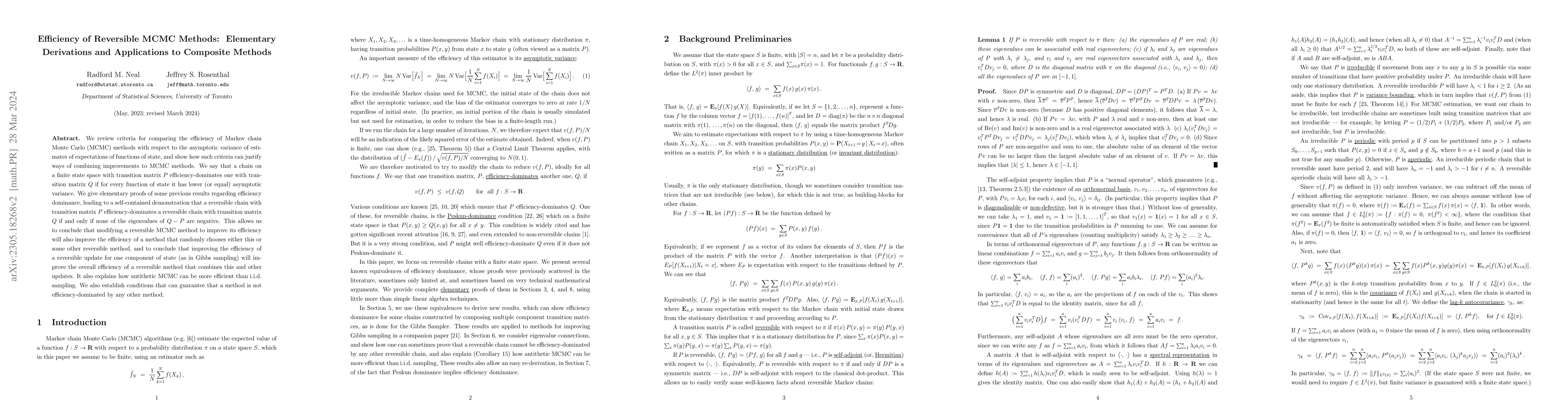Thumbnail for Efficiency of reversible MCMC methods: elementary derivations and
  applications to composite methods