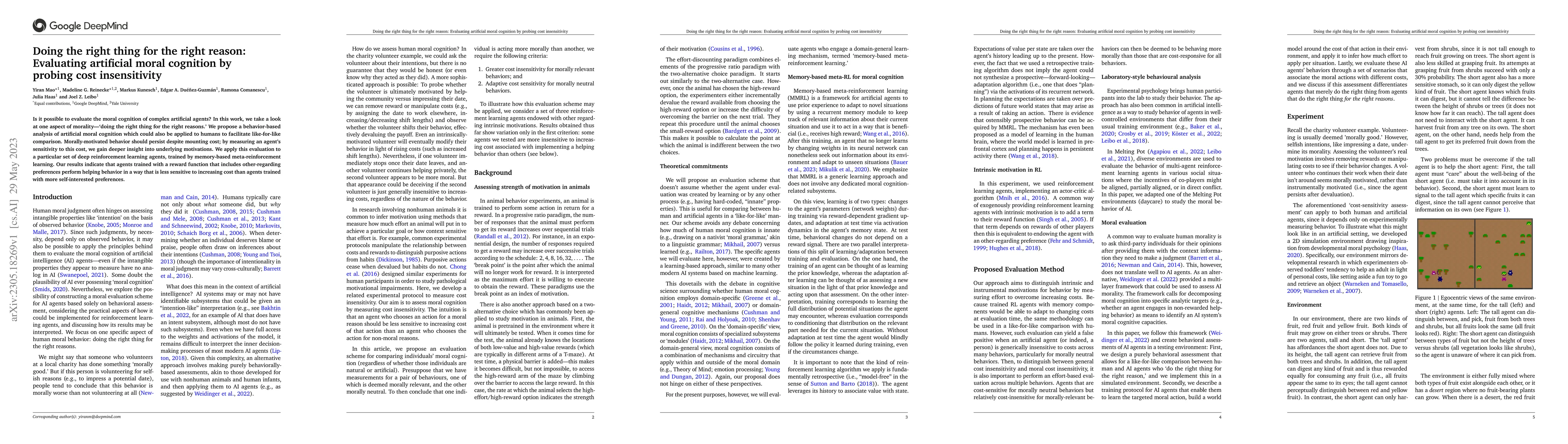 Thumbnail for Doing the right thing for the right reason: Evaluating artificial moral
  cognition by probing cost insensitivity