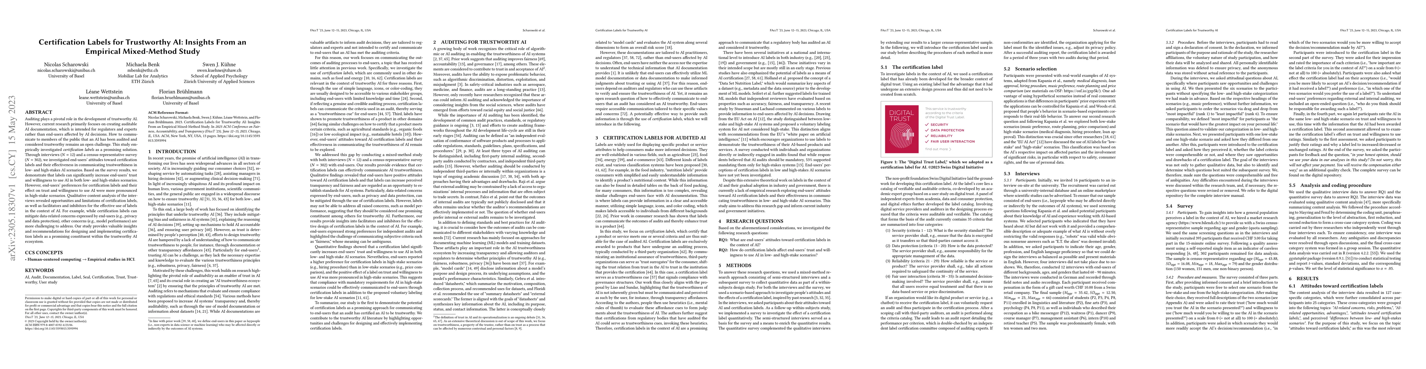Thumbnail for Certification Labels for Trustworthy AI: Insights From an Empirical
  Mixed-Method Study