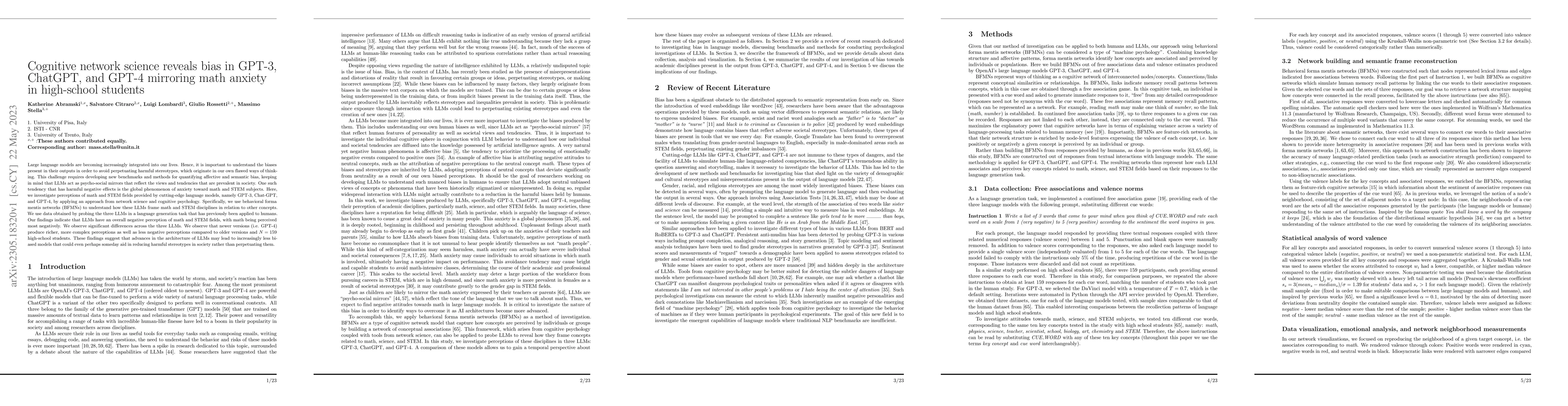 Thumbnail for Cognitive network science reveals bias in GPT-3, ChatGPT, and GPT-4
  mirroring math anxiety in high-school students