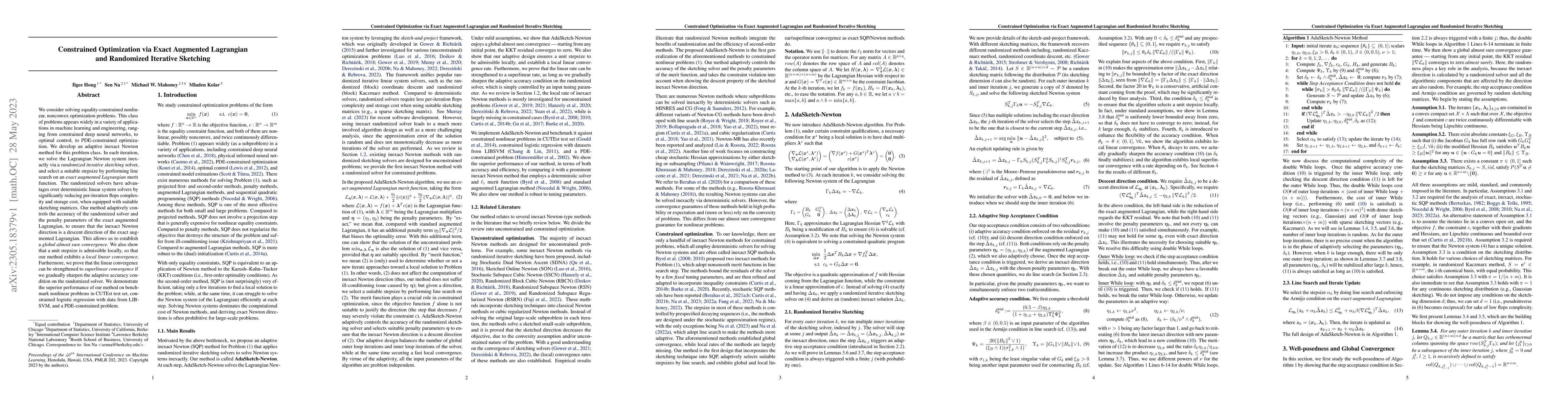 Thumbnail for Constrained Optimization via Exact Augmented Lagrangian and Randomized
  Iterative Sketching