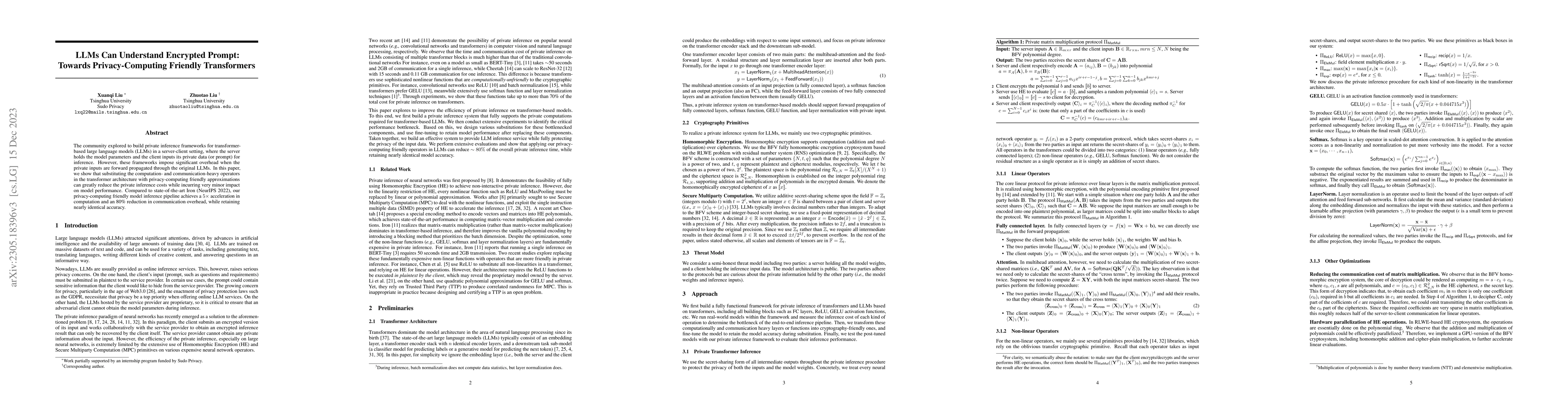 Thumbnail for LLMs Can Understand Encrypted Prompt: Towards Privacy-Computing Friendly
  Transformers