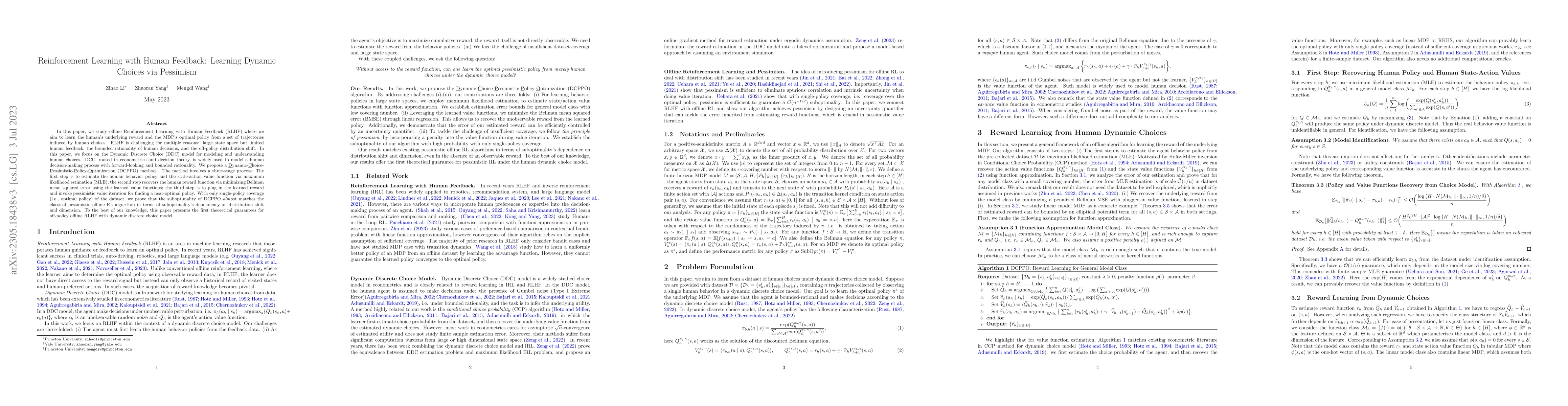 Thumbnail for Reinforcement Learning with Human Feedback: Learning Dynamic Choices via
  Pessimism