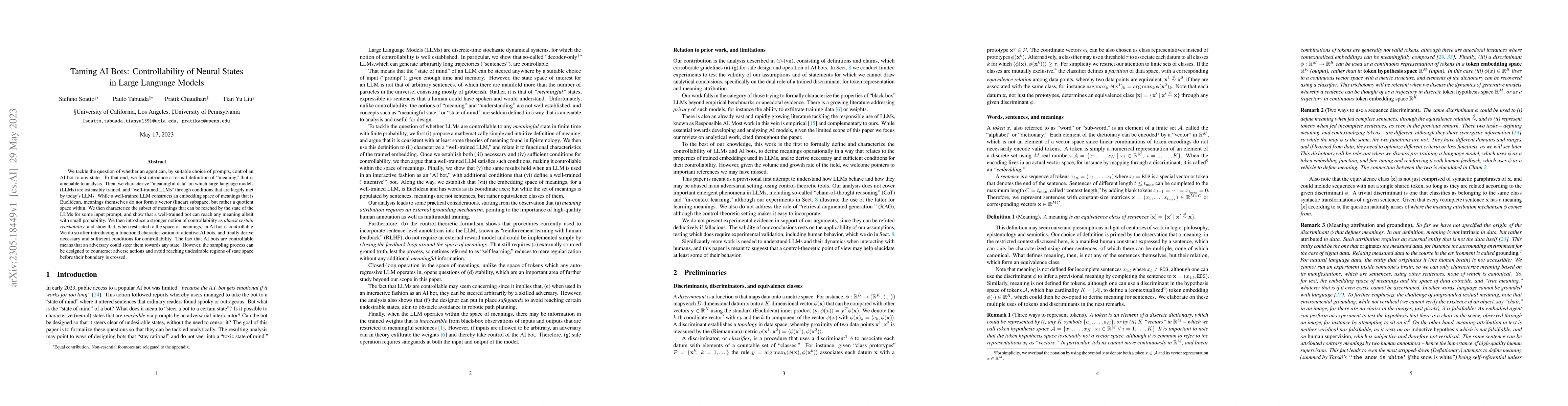 Thumbnail for Taming AI Bots: Controllability of Neural States in Large Language
  Models