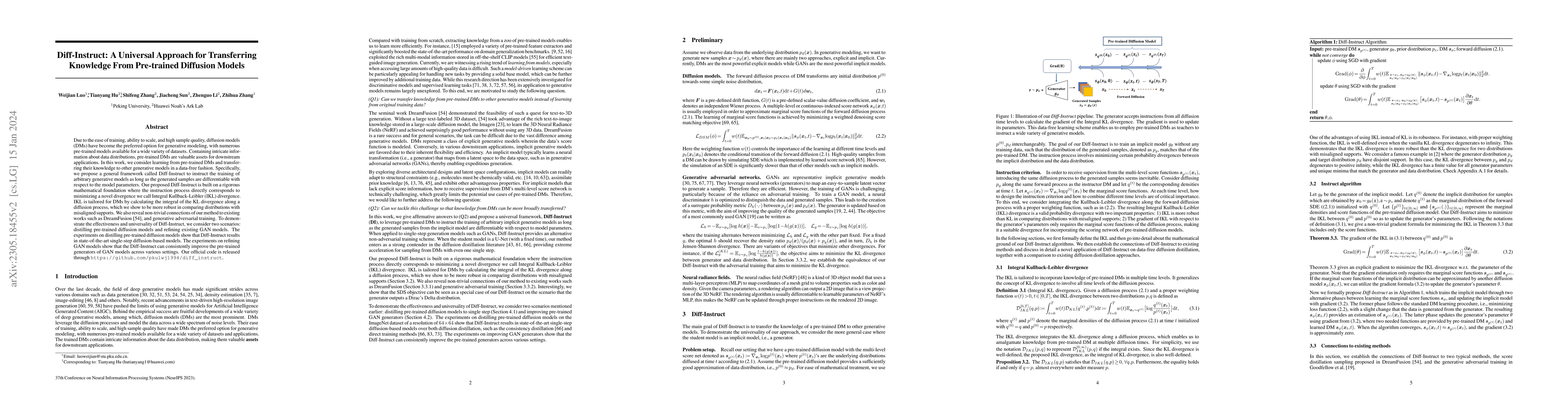 Thumbnail for Diff-Instruct: A Universal Approach for Transferring Knowledge From
  Pre-trained Diffusion Models