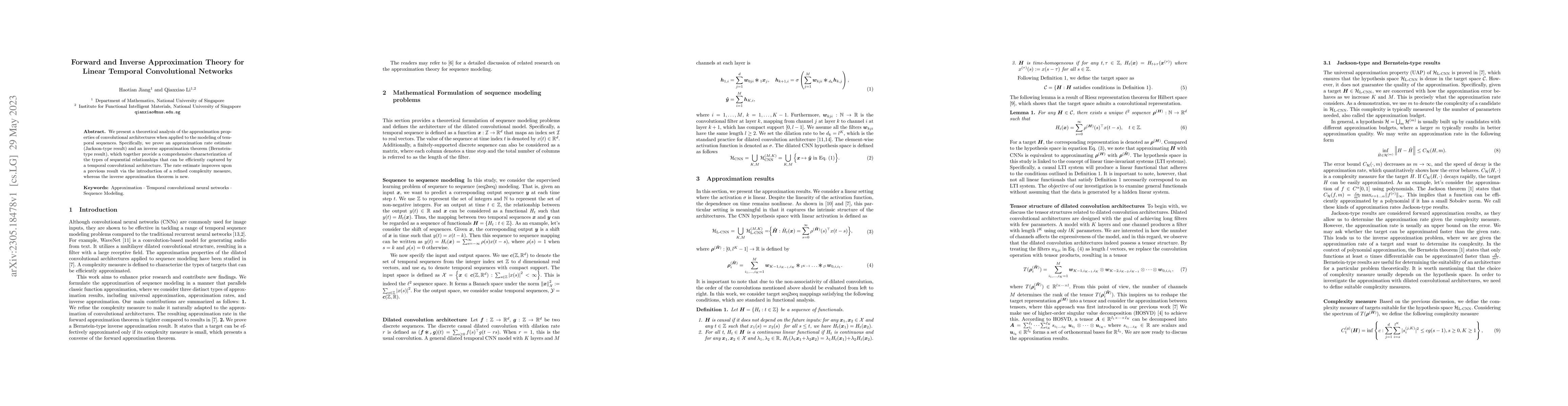 Thumbnail for Forward and Inverse Approximation Theory for Linear Temporal
  Convolutional Networks