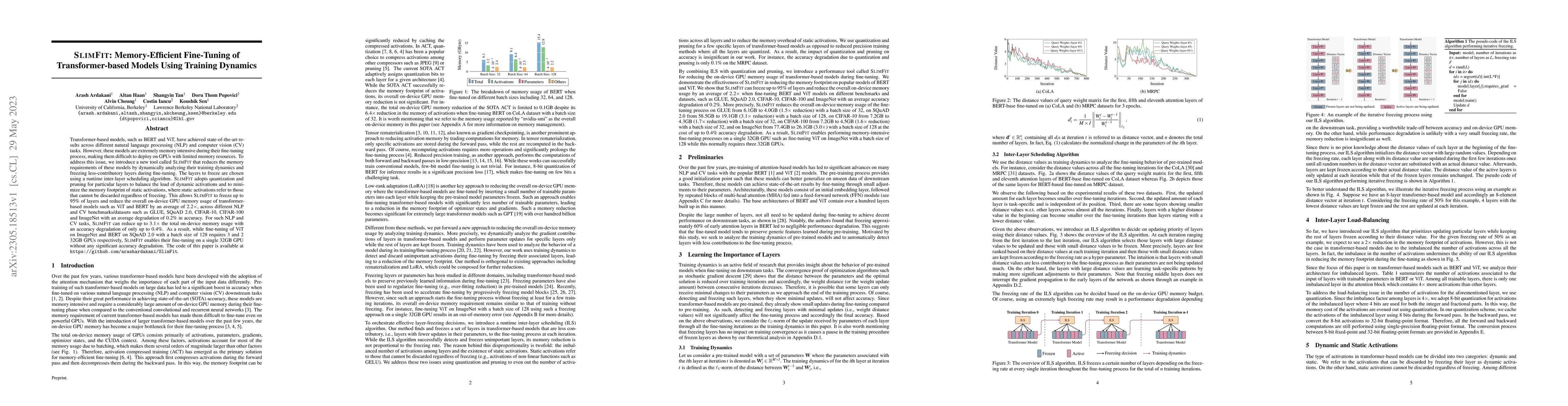 Thumbnail for SlimFit: Memory-Efficient Fine-Tuning of Transformer-based Models Using
  Training Dynamics