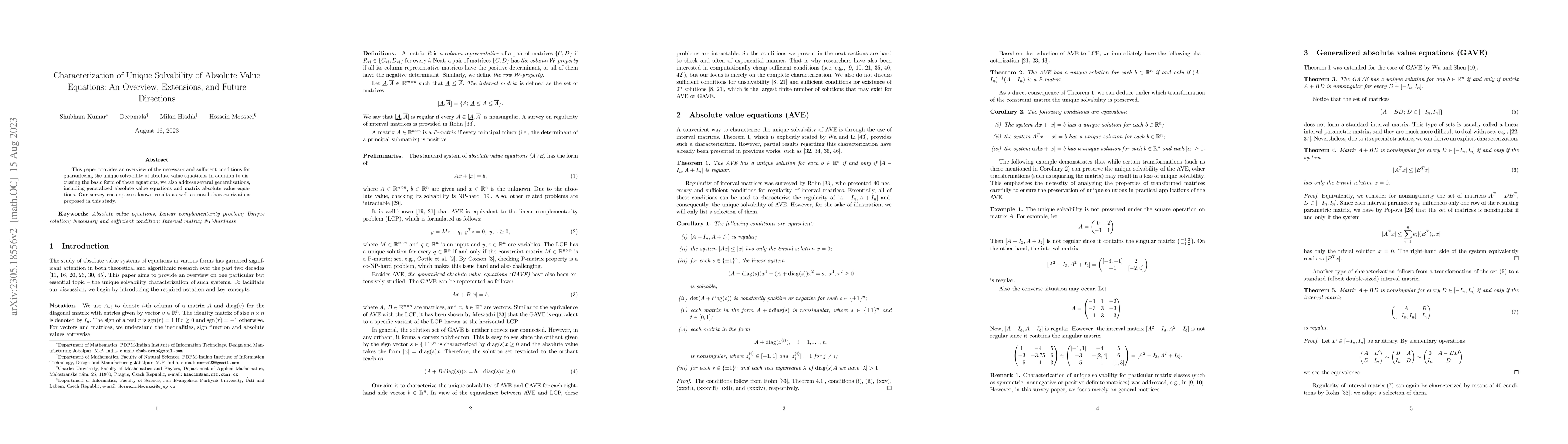 Thumbnail for Characterization of Unique Solvability of Absolute Value Equations: An
  Overview, Extensions, and Future Directions