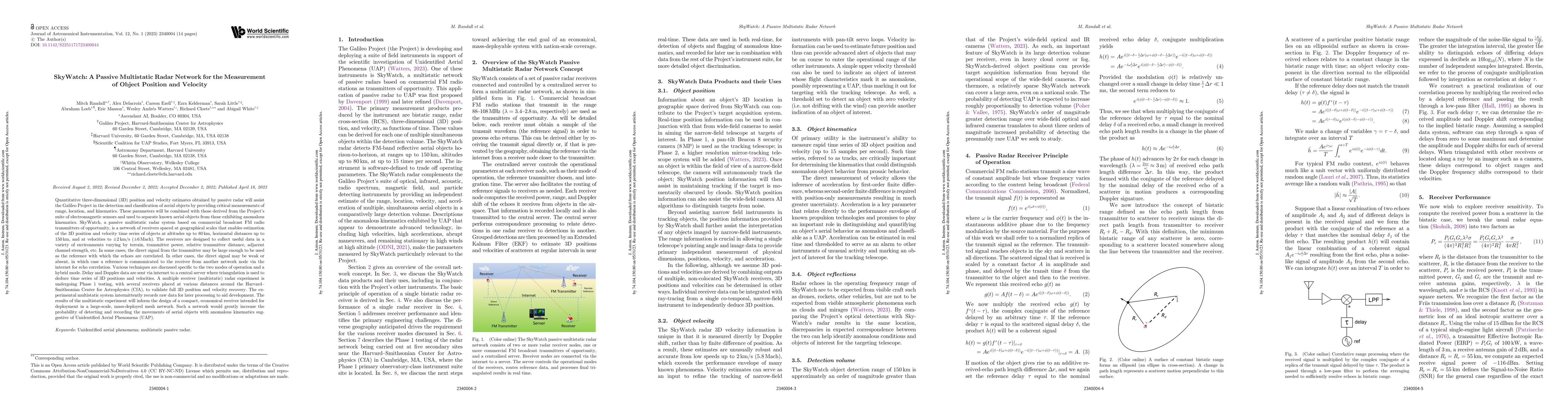 Thumbnail for SkyWatch: A Passive Multistatic Radar Network for the Measurement of
  Object Position and Velocity