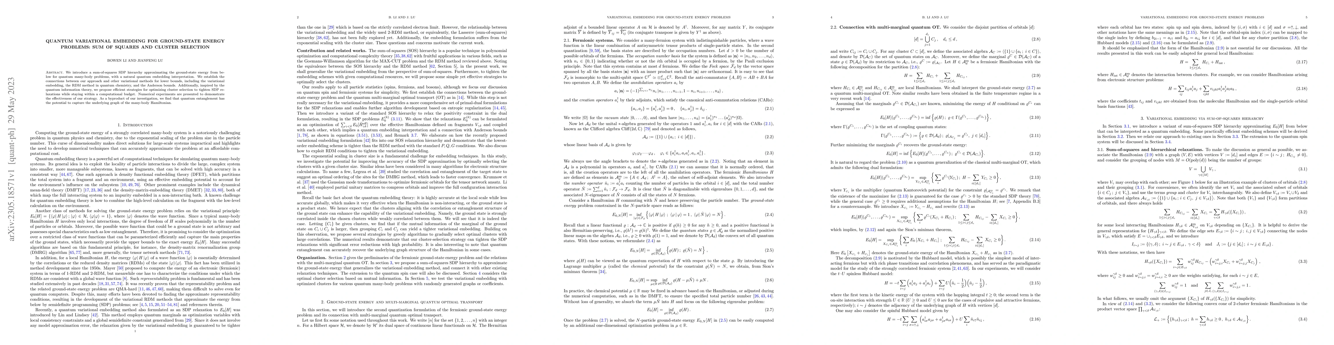 Thumbnail for Quantum variational embedding for ground-state energy problems: sum of
  squares and cluster selection