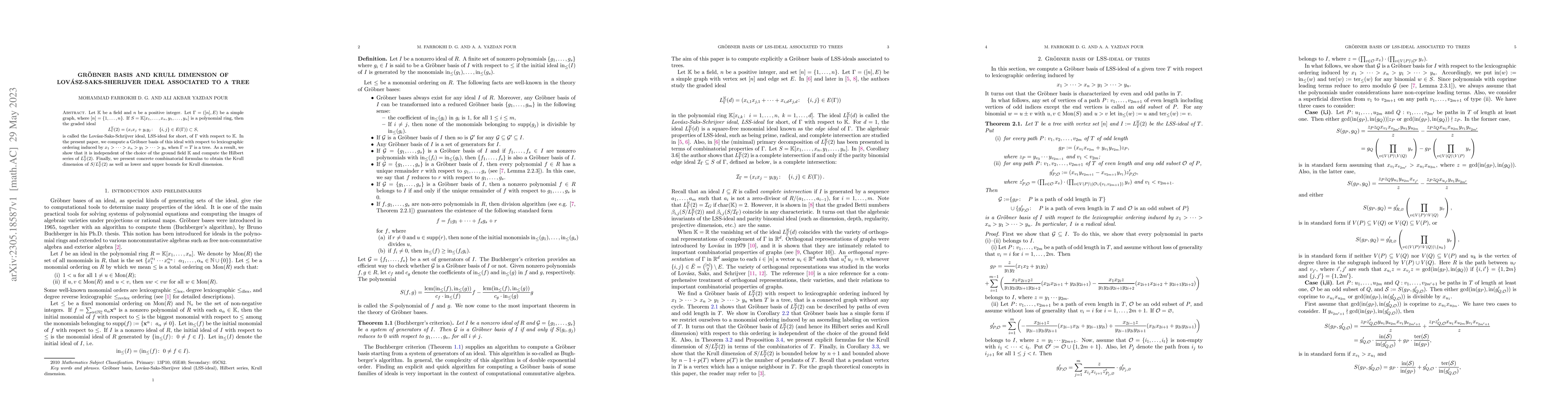 Thumbnail for Gr\"obner basis and Krull dimension of Lov\'asz-Saks-Sherijver ideal
  associated to a tree