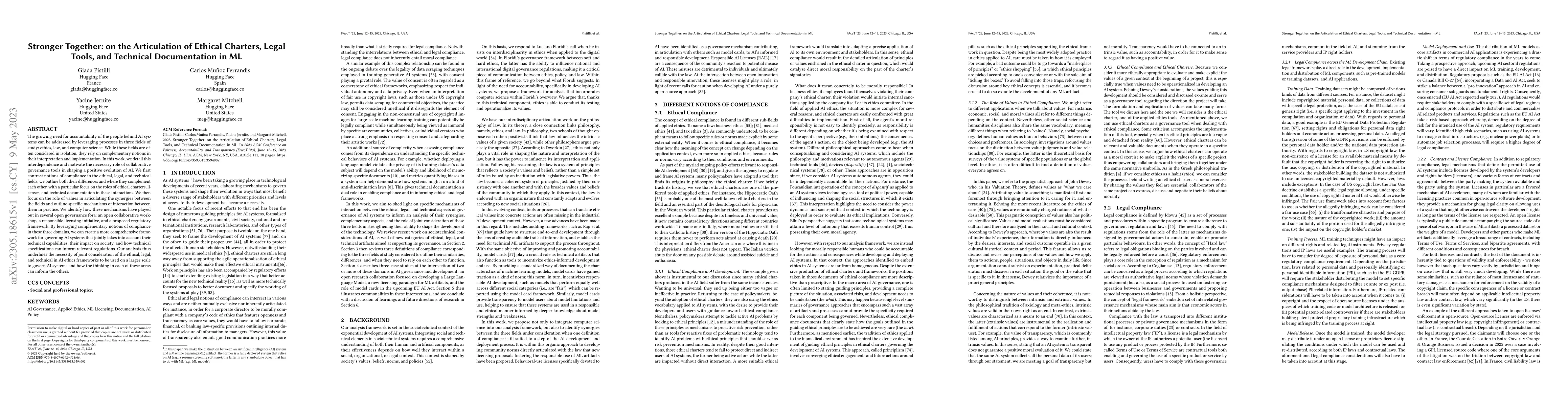 Thumbnail for Stronger Together: on the Articulation of Ethical Charters, Legal Tools,
  and Technical Documentation in ML