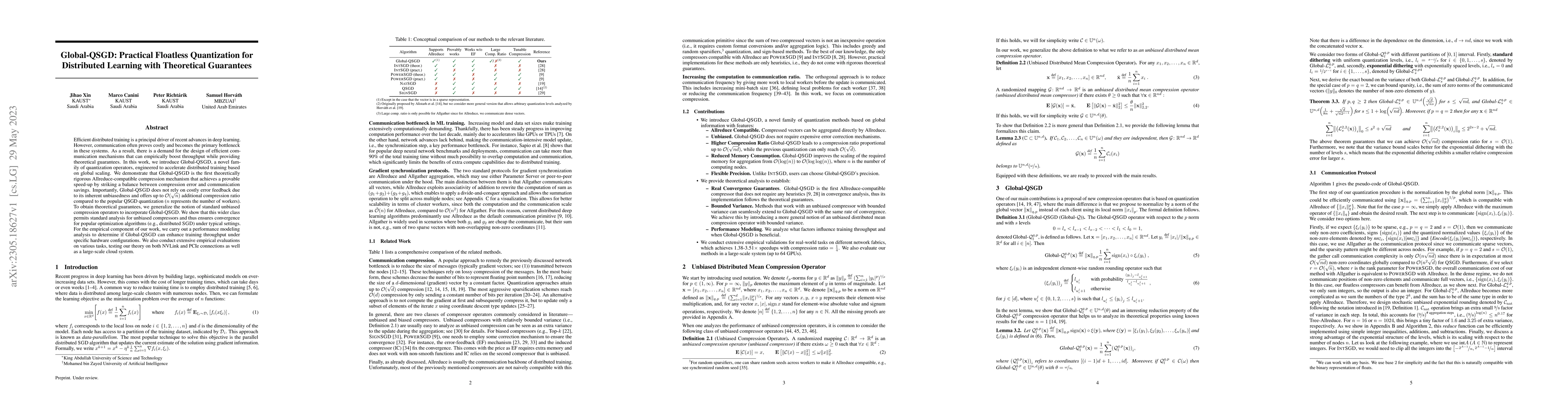 Thumbnail for Global-QSGD: Practical Floatless Quantization for Distributed Learning
  with Theoretical Guarantees