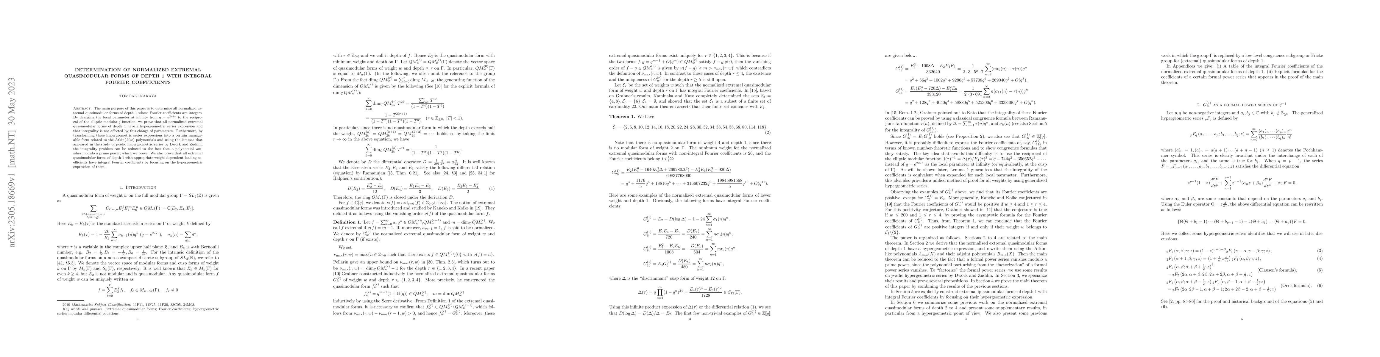 Thumbnail for Determination of normalized extremal quasimodular forms of depth 1 with
  integral Fourier coefficients