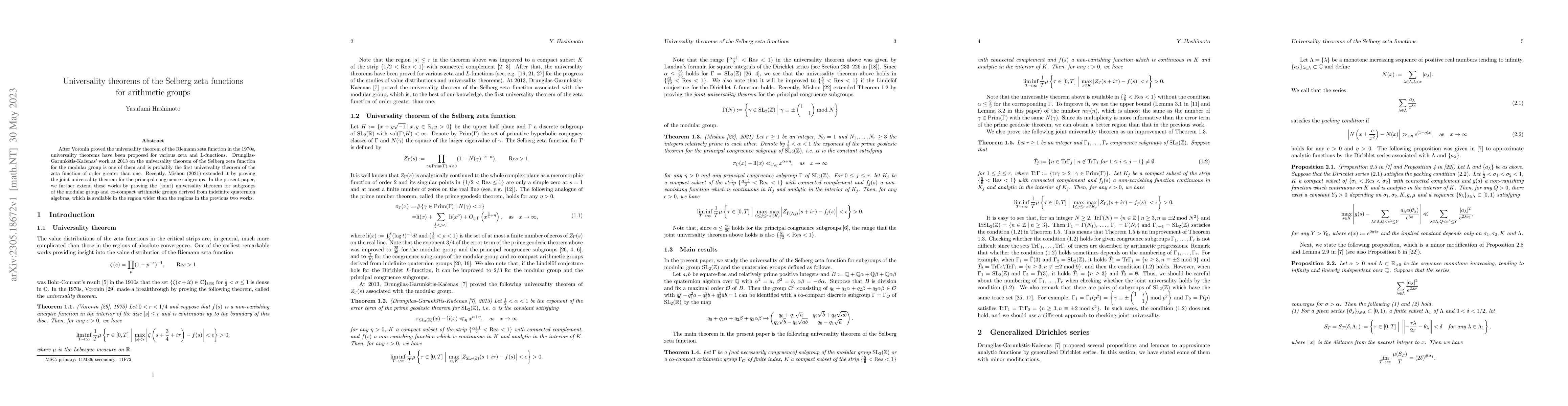 Thumbnail for Universality theorems of the Selberg zeta functions for arithmetic
  groups
