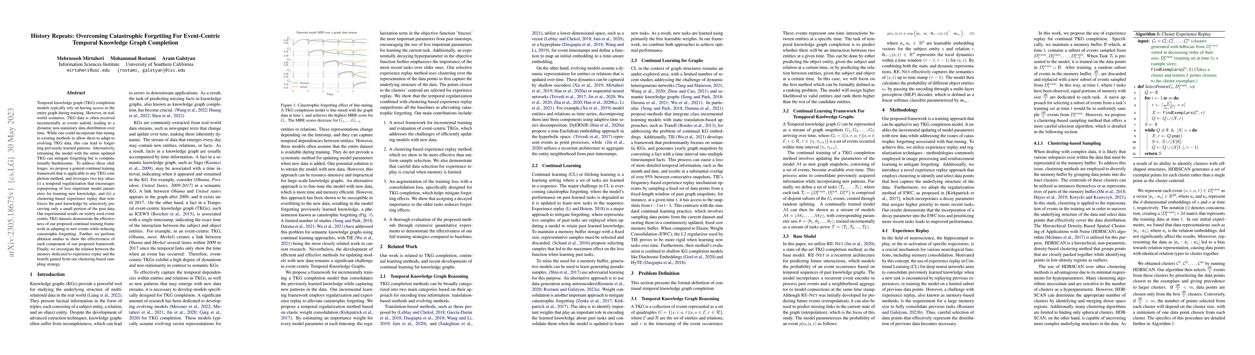 Thumbnail for History Repeats: Overcoming Catastrophic Forgetting For Event-Centric
  Temporal Knowledge Graph Completion