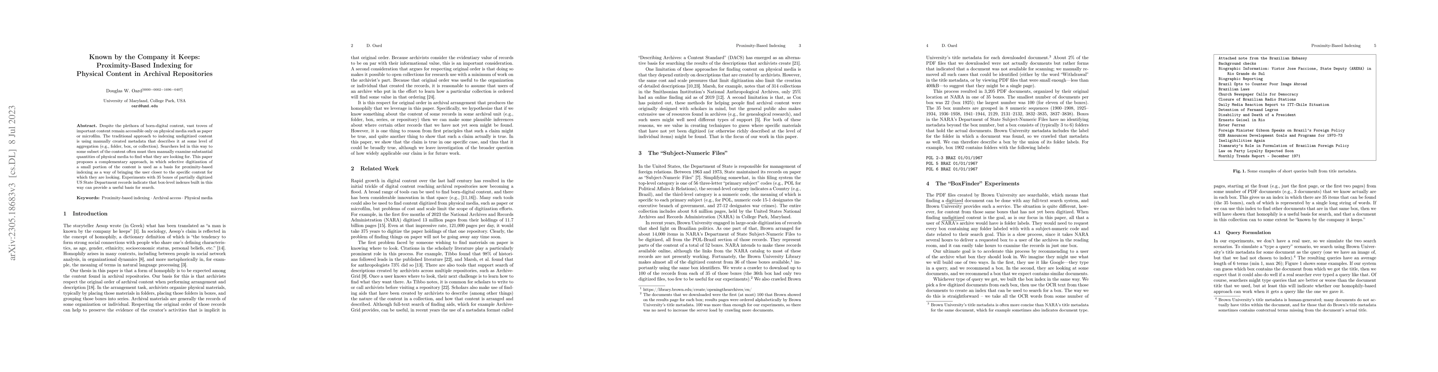 Thumbnail for Known by the Company it Keeps: Proximity-Based Indexing for Physical
  Content in Archival Repositories