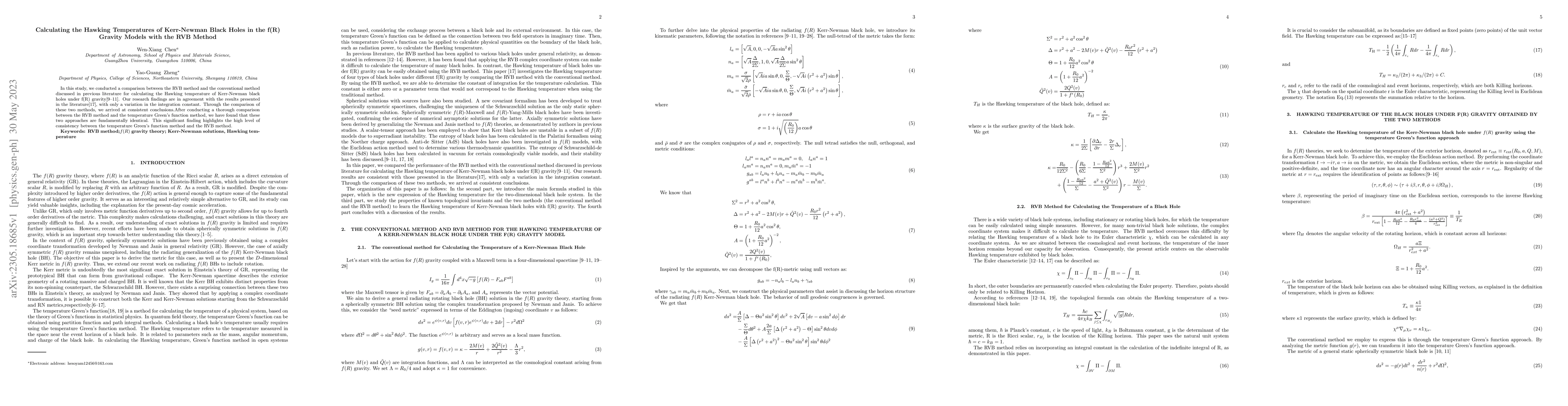 Thumbnail for Calculating the Hawking Temperatures of Kerr-Newman Black Holes in the
  f(R) Gravity Models with the RVB Method