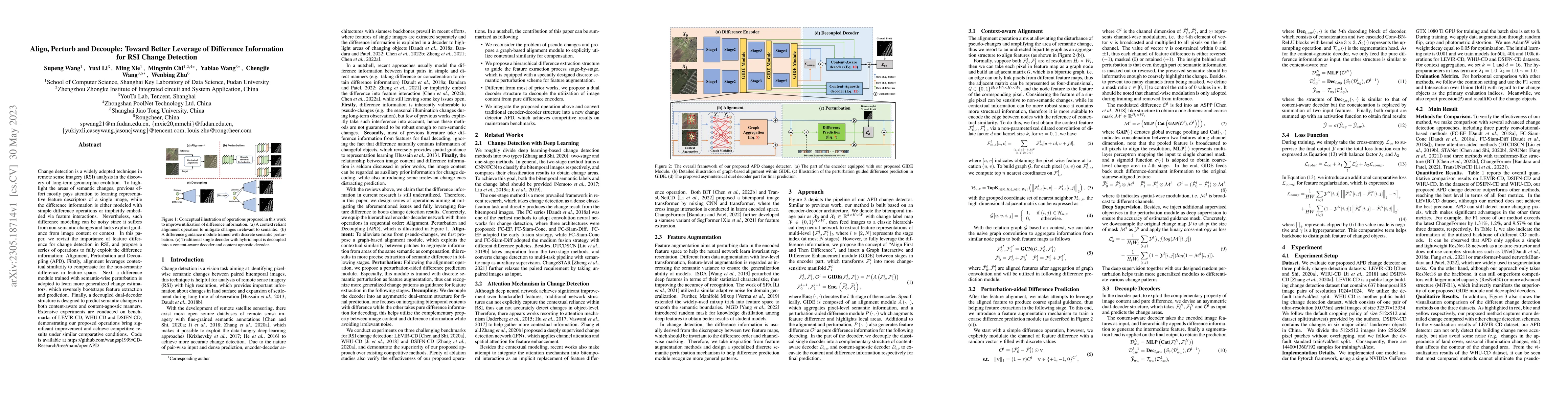 Thumbnail for Align, Perturb and Decouple: Toward Better Leverage of Difference
  Information for RSI Change Detection
