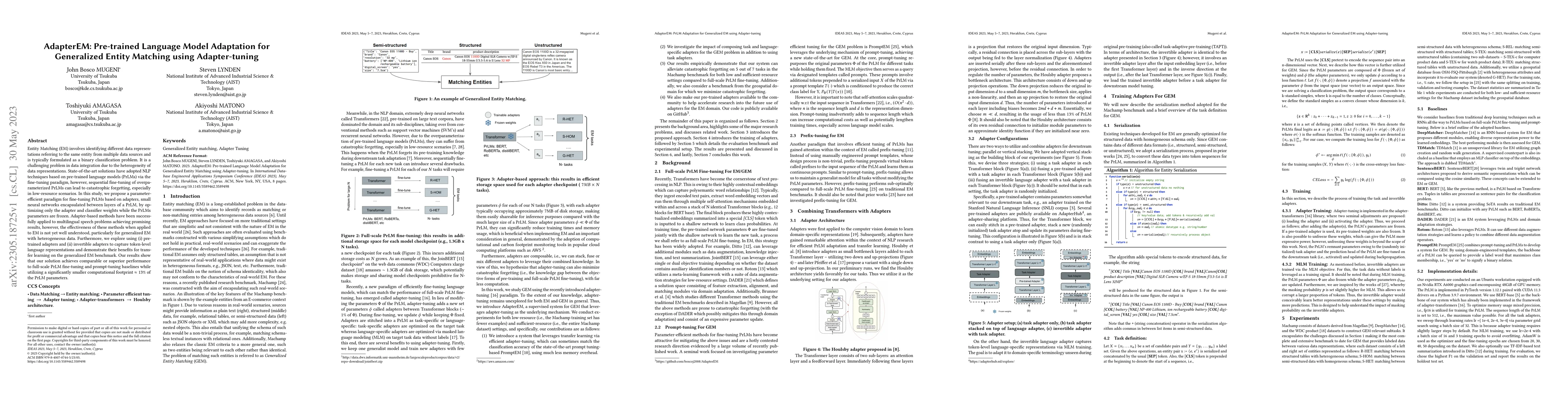 Thumbnail for AdapterEM: Pre-trained Language Model Adaptation for Generalized Entity
  Matching using Adapter-tuning