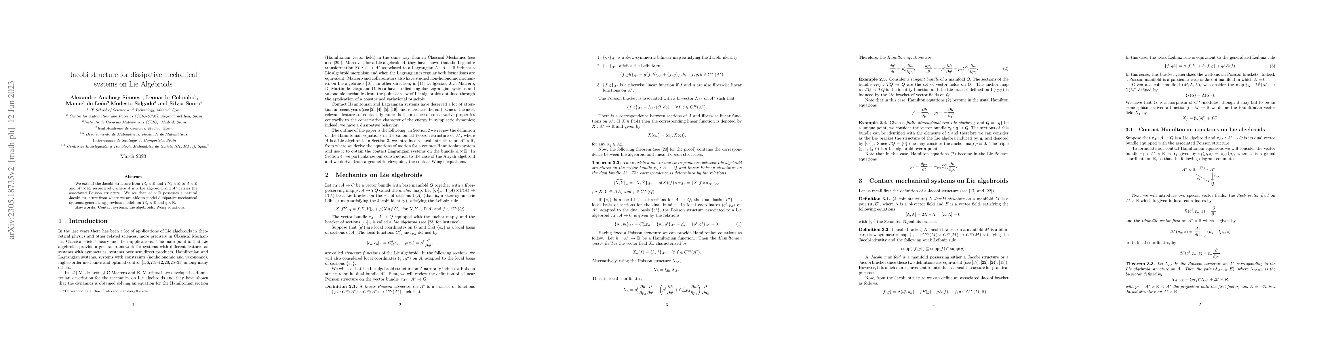 Thumbnail for Jacobi structure for dissipative mechanical systems on Lie Algebroids
