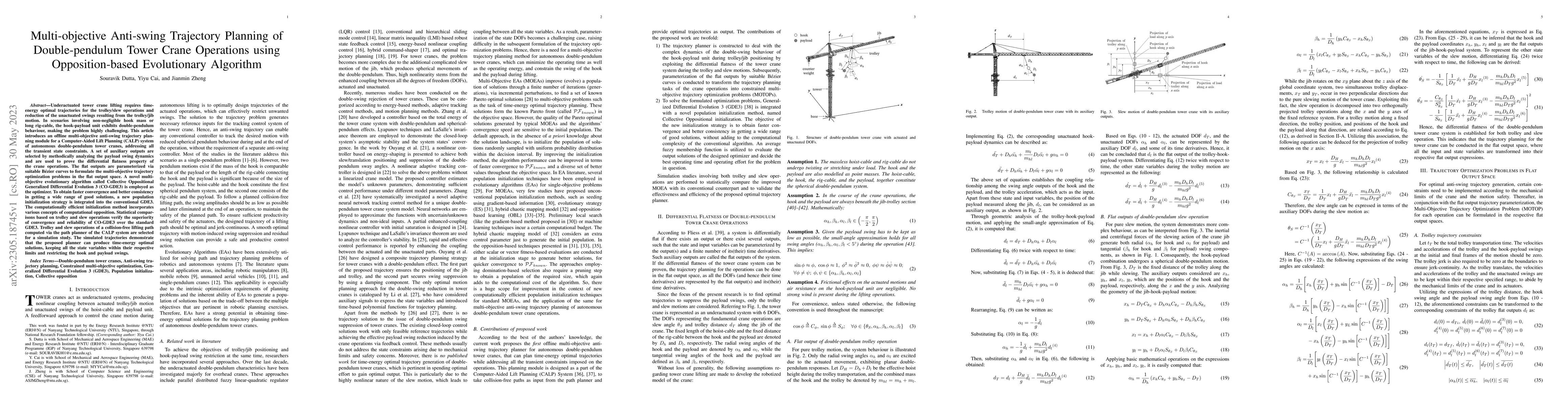 Thumbnail for Multi-objective Anti-swing Trajectory Planning of Double-pendulum Tower
  Crane Operations using Opposition-based Evolutionary Algorithm
