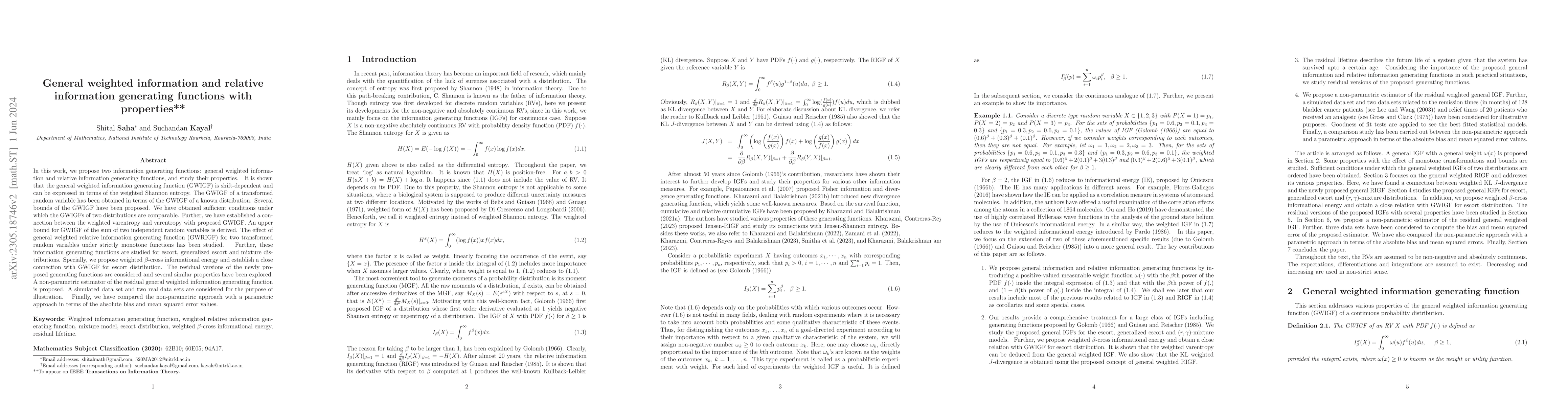 Thumbnail for General weighted information and relative information generating
  functions with properties