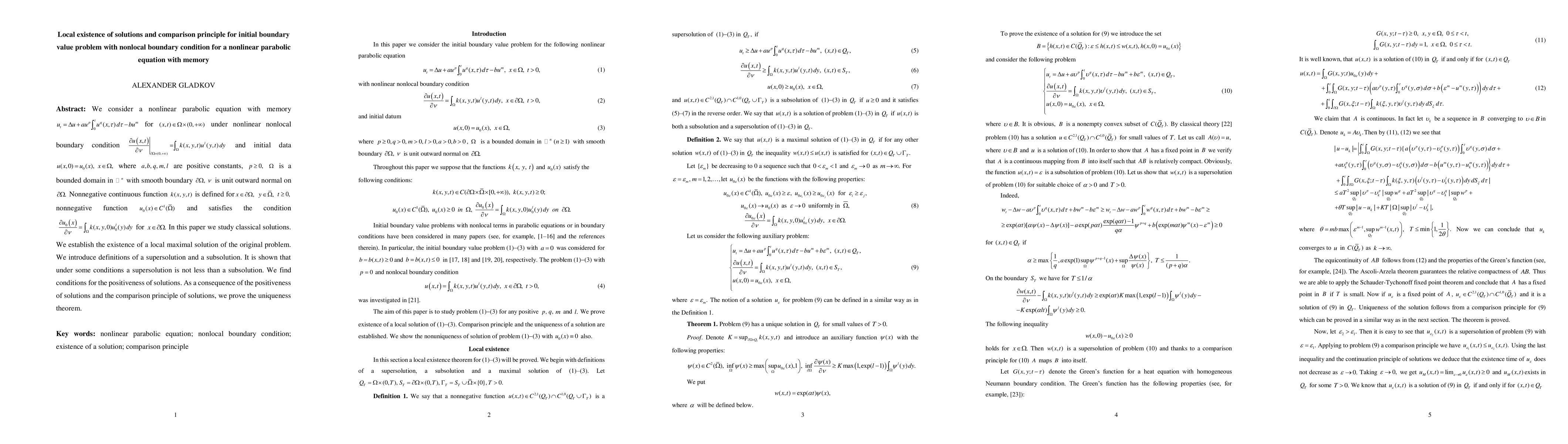 Thumbnail for Local existence of solutions and comparison principle for initial
  boundary value problem with nonlocal boundary condition for a nonlinear
  parabolic equation with memory
