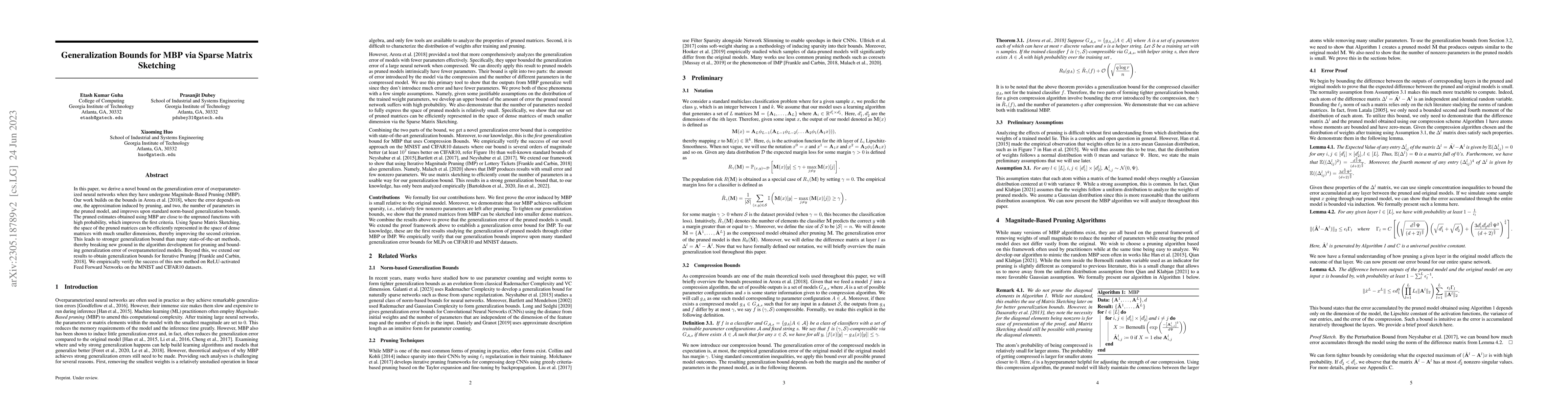 Thumbnail for Generalization Bounds for Magnitude-Based Pruning via Sparse Matrix
  Sketching