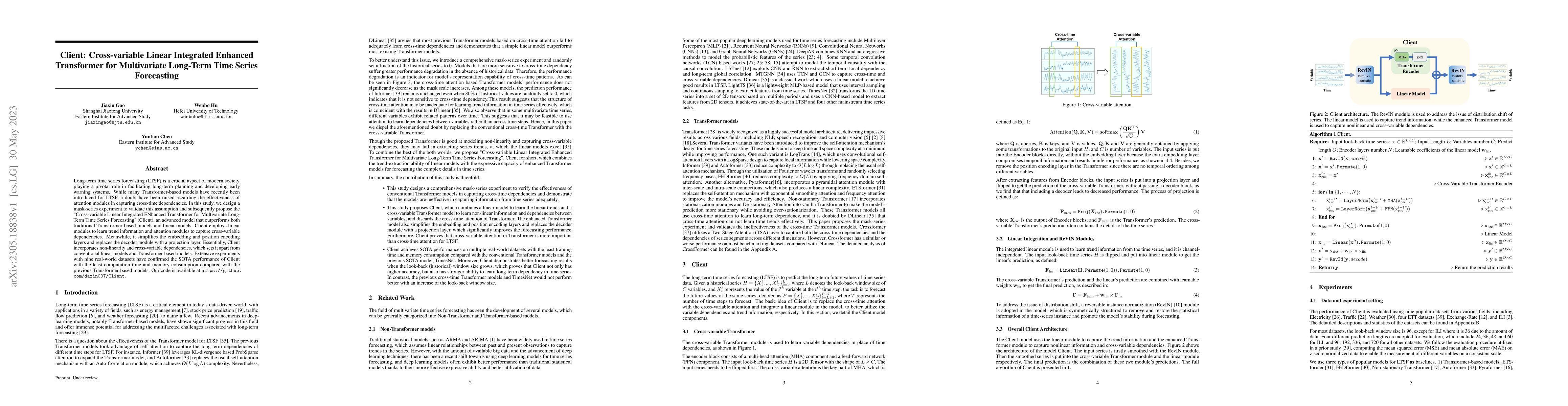 Thumbnail for Client: Cross-variable Linear Integrated Enhanced Transformer for
  Multivariate Long-Term Time Series Forecasting