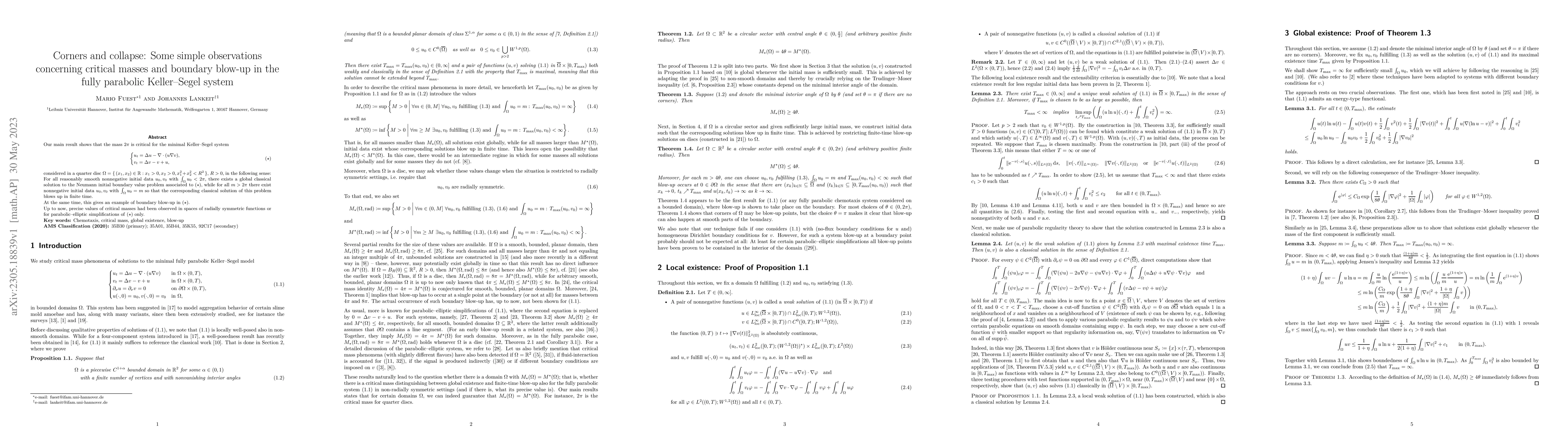 Thumbnail for Corners and collapse: Some simple observations concerning critical
  masses and boundary blow-up in the fully parabolic Keller-Segel system