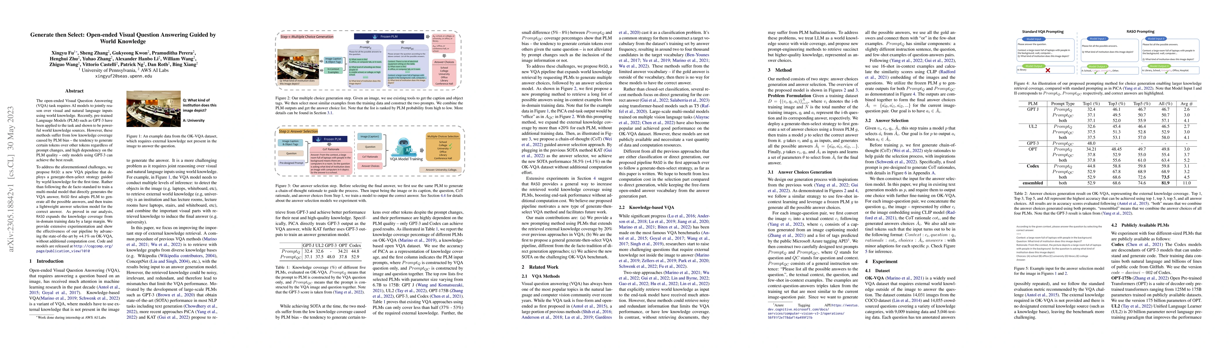 Thumbnail for Generate then Select: Open-ended Visual Question Answering Guided by
  World Knowledge