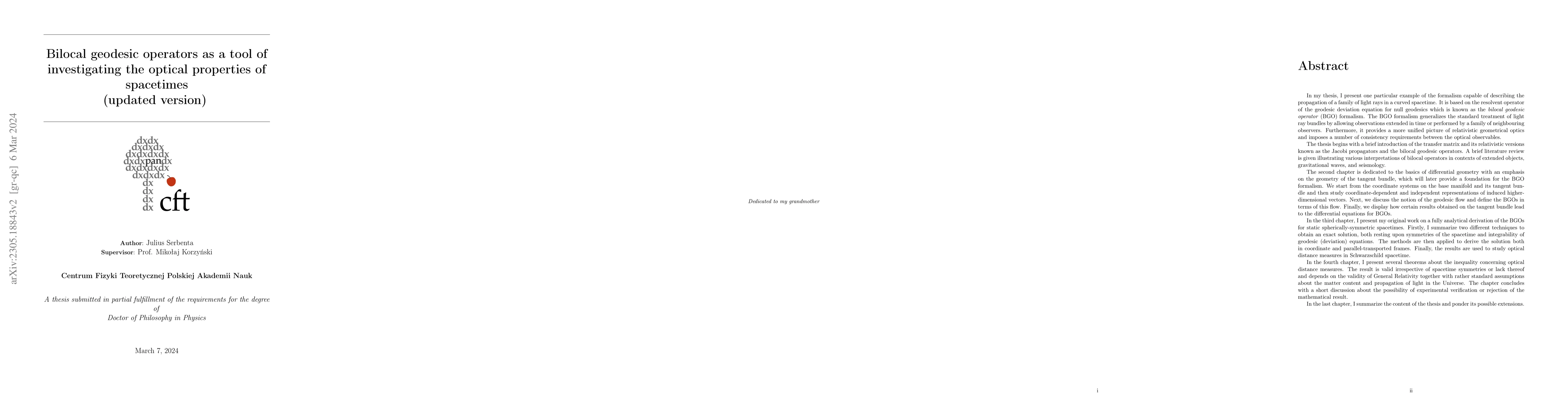Thumbnail for Bilocal geodesic operators as a tool of investigating the optical
  properties of spacetimes
