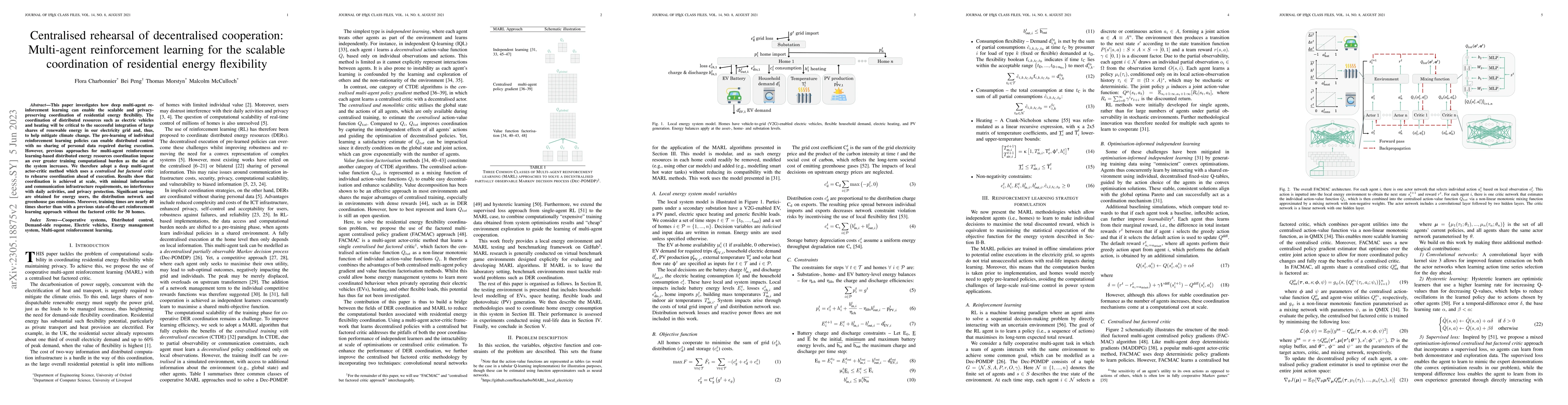 Thumbnail for Centralised rehearsal of decentralised cooperation: Multi-agent
  reinforcement learning for the scalable coordination of residential energy
  flexibility