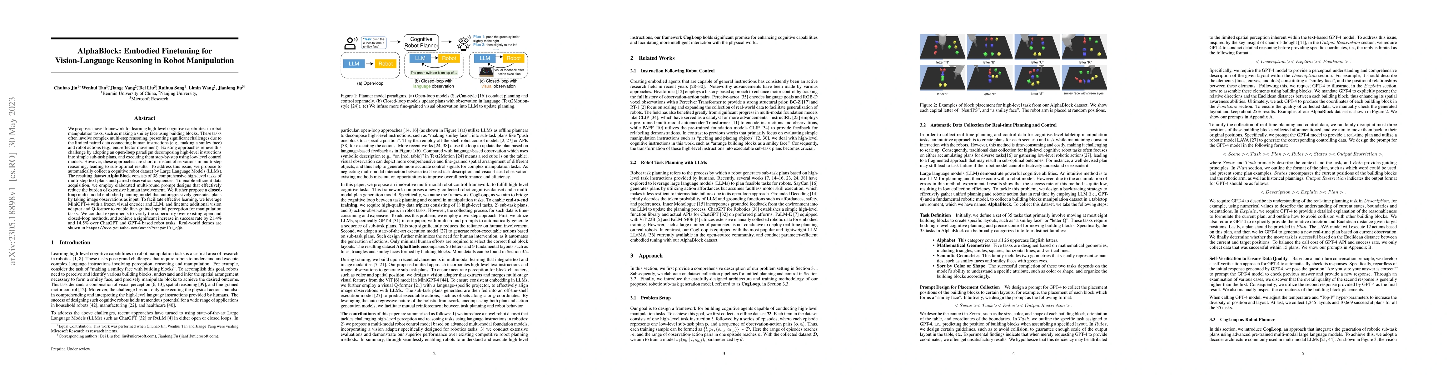 Thumbnail for AlphaBlock: Embodied Finetuning for Vision-Language Reasoning in Robot
  Manipulation