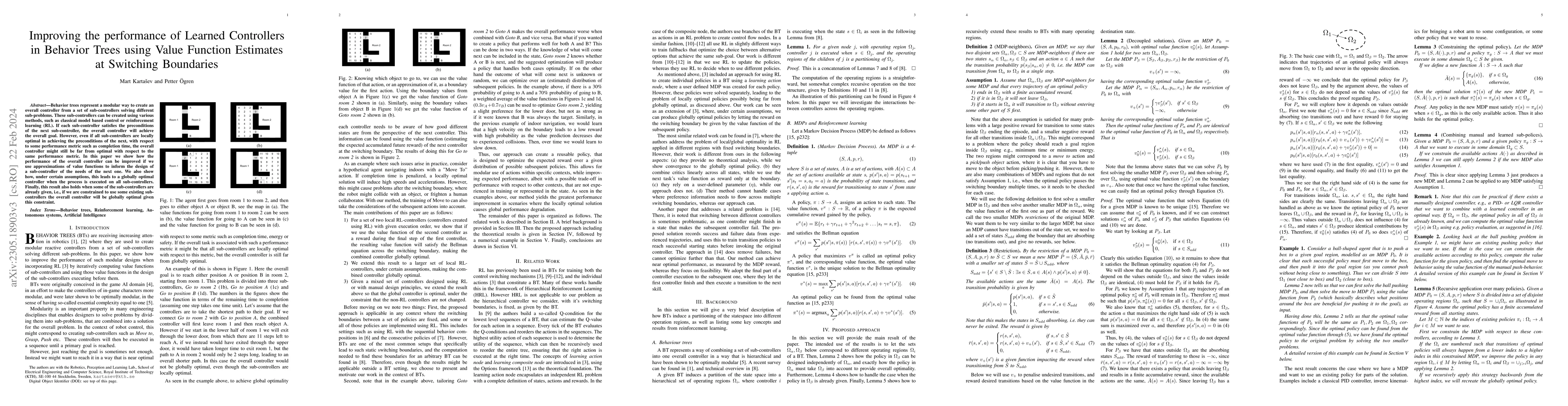 Thumbnail for Improving the performance of Learned Controllers in Behavior Trees using
  Value Function Estimates at Switching Boundaries