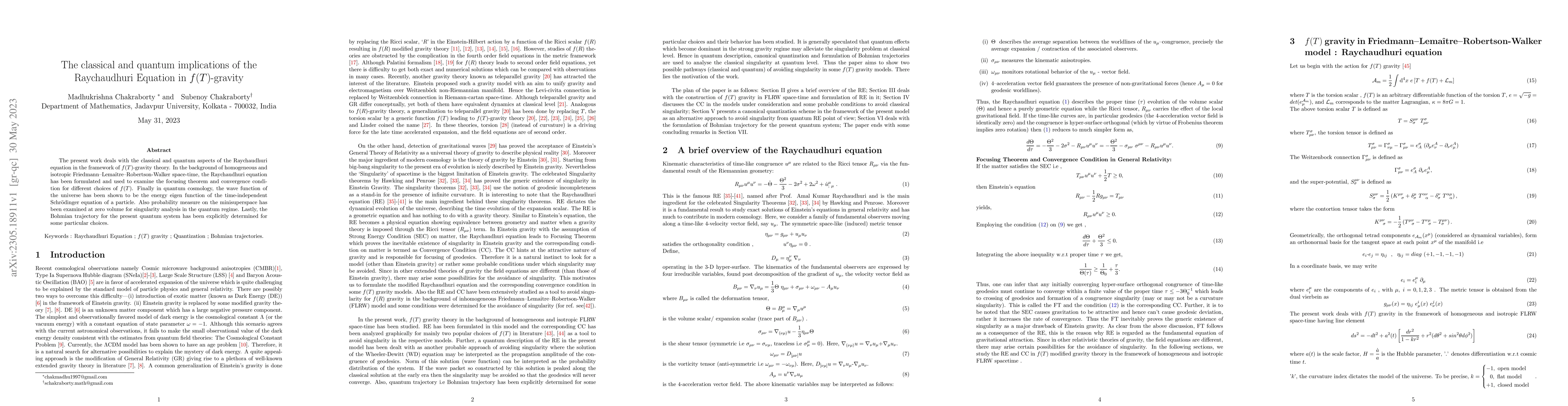 Thumbnail for The classical and quantum implications of the Raychaudhuri Equation in
  f(T)-gravity