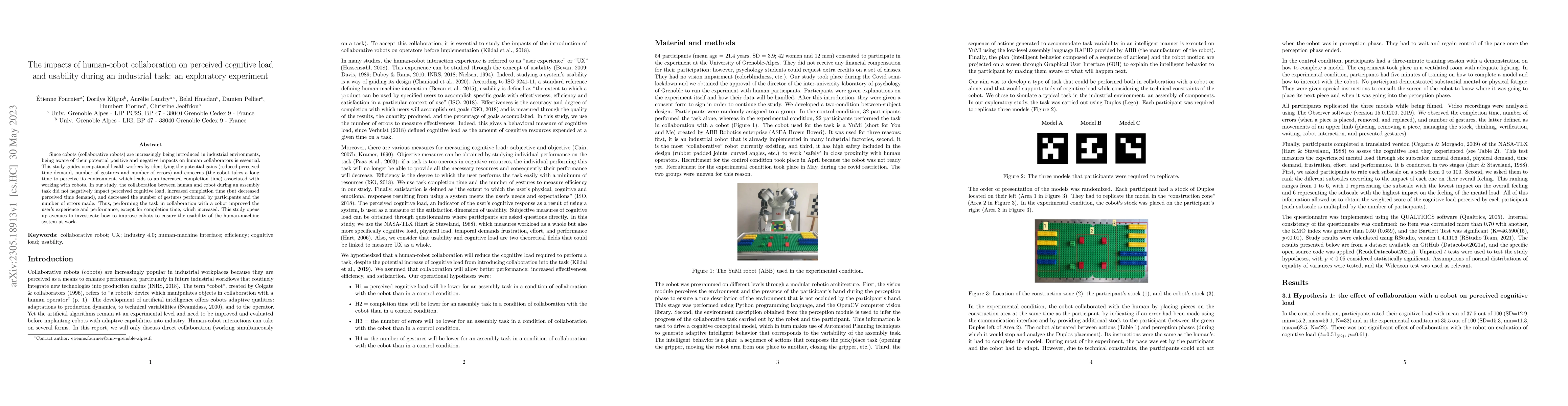Thumbnail for The Impacts of Human-Cobot Collaboration on Perceived Cognitive Load and
  Usability during an Industrial Task: An Exploratory Experiment