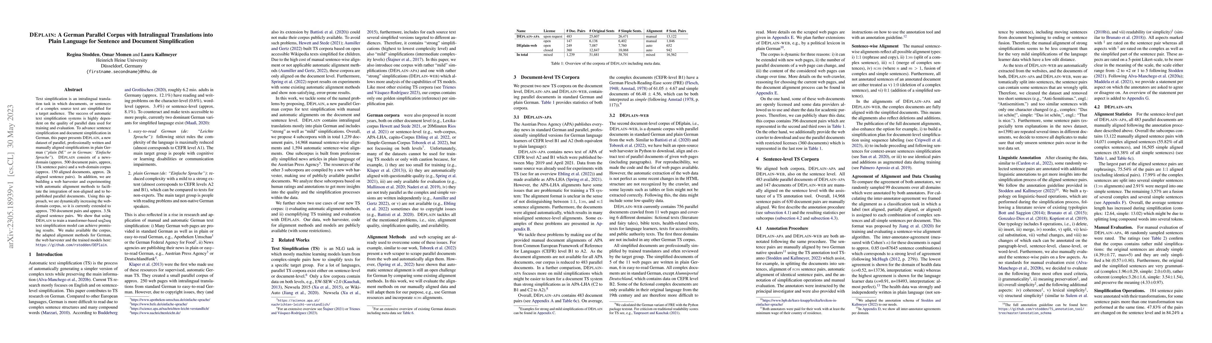 Thumbnail for DEPLAIN: A German Parallel Corpus with Intralingual Translations into
  Plain Language for Sentence and Document Simplification