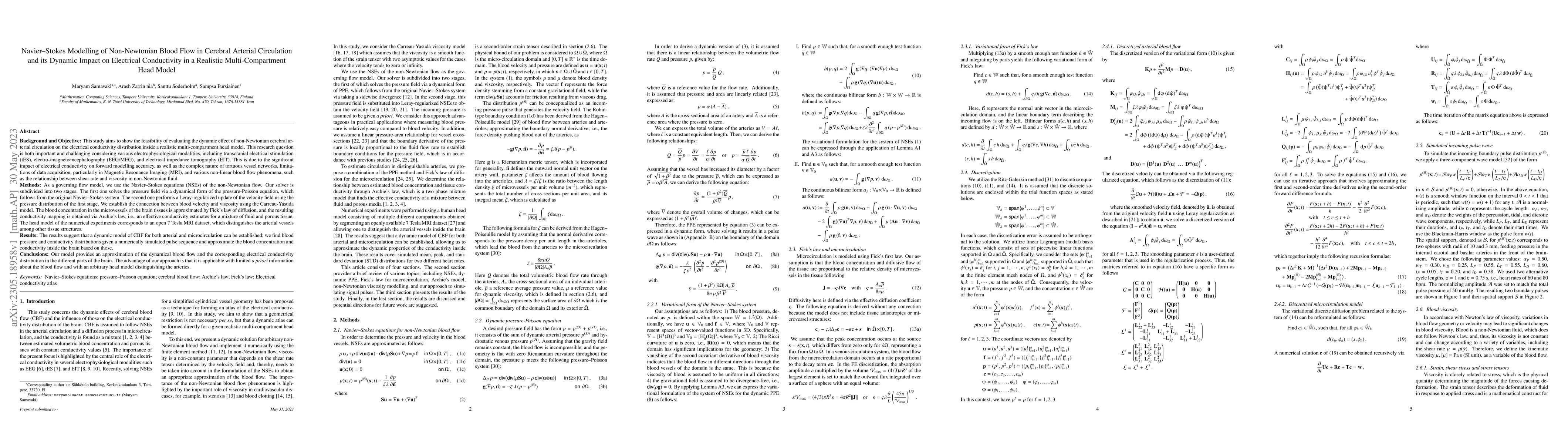 Thumbnail for Navier-Stokes Modelling of Non-Newtonian Blood Flow in Cerebral Arterial
  Circulation and its Dynamic Impact on Electrical Conductivity in a Realistic
  Multi-Compartment Head Model