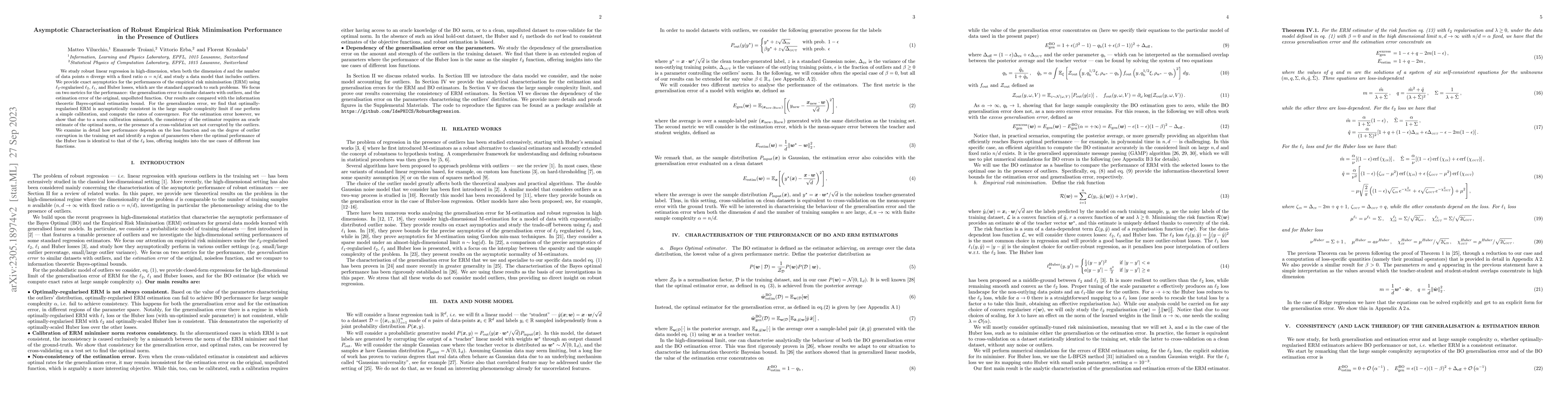 Thumbnail for Asymptotic Characterisation of Robust Empirical Risk Minimisation
  Performance in the Presence of Outliers